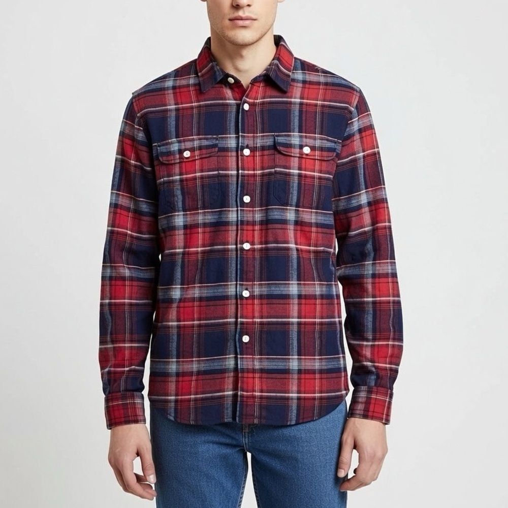 Lucky Brand Red Blue Saturday Stretch Flannel Button Down Shirt Mens Size M